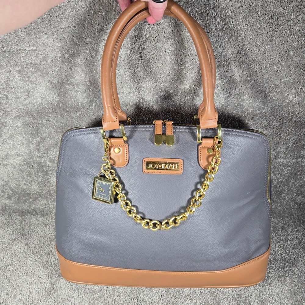 Joy & Iman Satchel Handbag Gray Tan Two Tone Clock Charm Women Medium